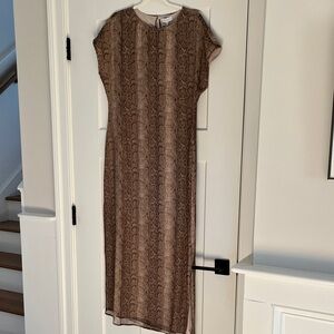 Snake-Print Brown Maxi Dress with Cap Sleeves